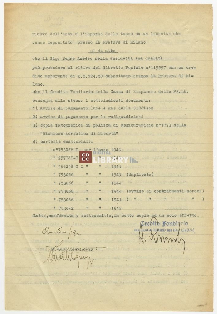Verbale di riconsegna dei beni di Giuseppe Segre con firma del figlio Amedeo, 12 ottobre 1945
